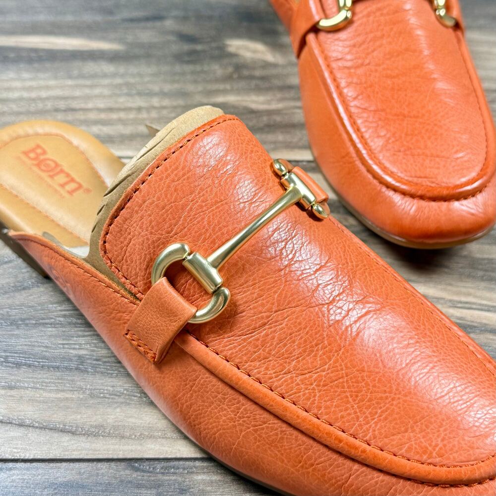 NIB Born Lareina 9M Leather Moc Toe Horsebit Slip On Mules Clog Orange - Picture 5 of 11